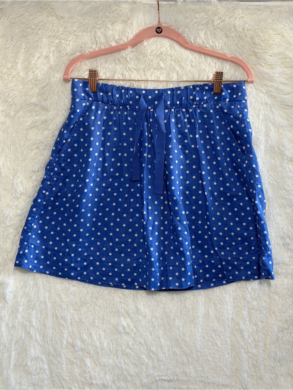 J Crew Womens Linen A-line Polka Dot Mini Skirt Size 4 Blue Preppy Lined Pockets